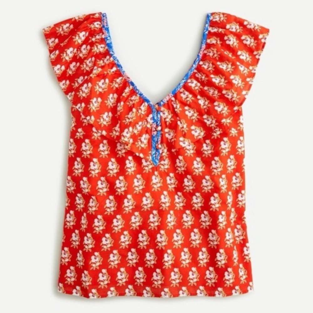 NWT J Crew Orange Classic Block Floral Print Ruffle V Neck Top